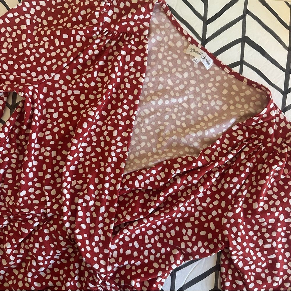 NWT Dry Goods Emerald Sunday Red and White Dotted Long Sleeve Ruffle Dress